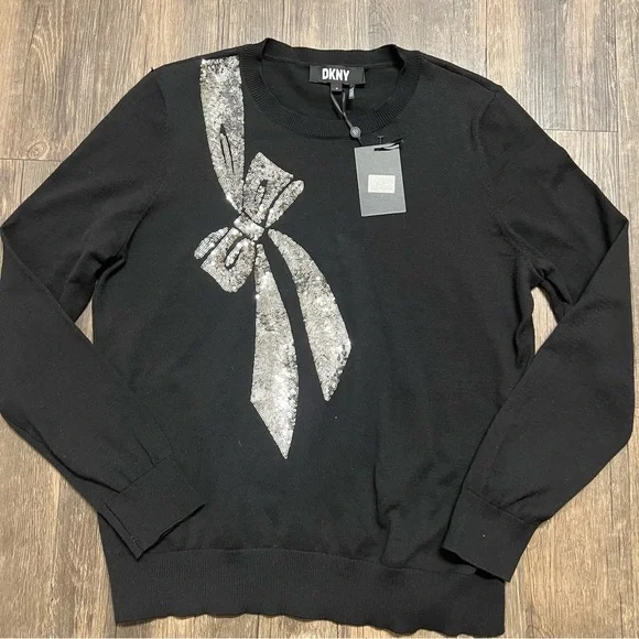 NWT DKNY Sequin Silver Bow Long Sleeves Round Neck Black Cotton Sweater Top M - Picture 9 of 12